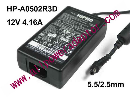 HIPRO HP-A0502R3D AC Adapter 5V-12V HP-A0502R3D, 12V 4.16A, Barrel 5.5/2.5mm, IEC C14