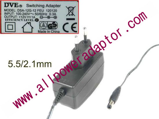 DVE DSA-12G-12 AC Adapter 5V-12V DSA-15G-12, 12V 1A, Barrel 5.5/2.1mm, EU 2-Pin Plu
