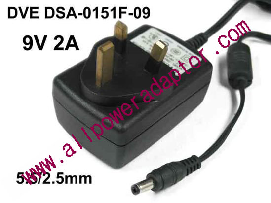 DVE DSA-0151F-09 AC Adapter 5V-12V 9V 2A, Barrel 5.5/2.5mm, UK 3-Pin Plug, DSA-0151F-