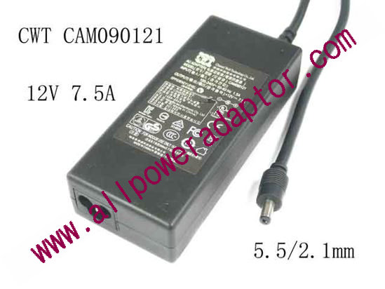 CWT / Channel Well Technology CAM090121 AC Adapter 5V-12V 12V 7.5A, 5.5/2.1mm, 3-Prong