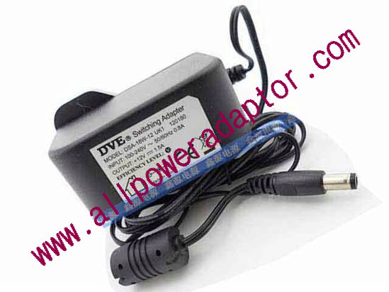 DVE DSA-18W-12 AC Adapter 5V-12V 12V 1.5A, 5.5/2.1mm, UK 3P