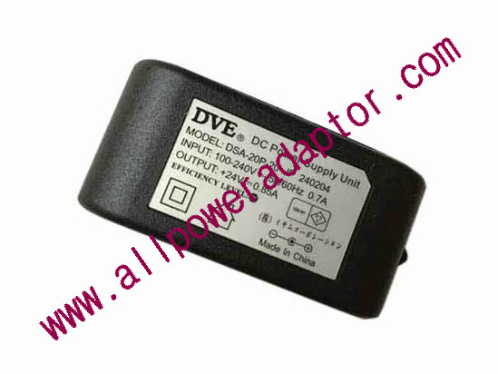 DVE DSA-20P-20 AC Adapter 24V 0.85A, 5.5/2.1mm, US 2P