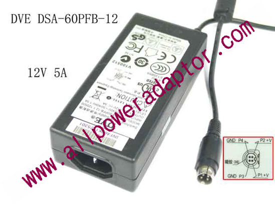 DVE DSA-60PFB-12 AC Adapter 5V-12V 12V 5A, 4P P14=V , C14