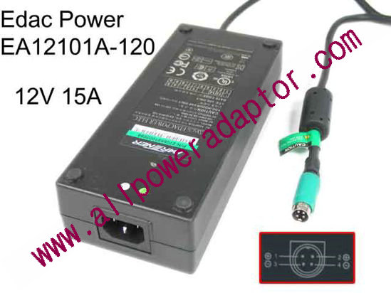 Edac Power EA12101A-120 AC Adapter 5V-12V 12V 15A, 4P P14=V , C14