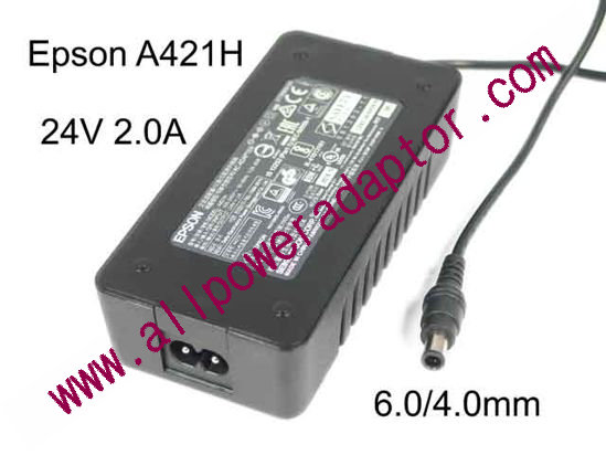 Epson A421H AC Adapter 24V 2.0A, Barrel 6.0/4.0mm With Pin, 2-Prong