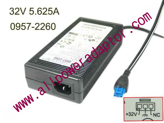 HP AC Adapter 32V 5.625A, 3-Flat Hole, IEC C14