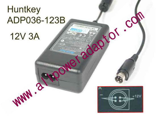 Huntkey ADP036-123B AC Adapter 5V-12V 12V 3A, 4-Pin Din, 2-Prong