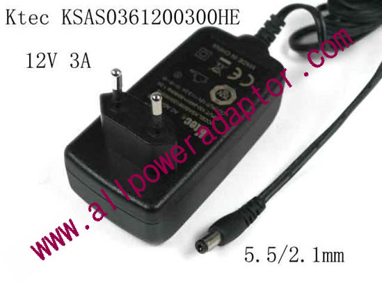 Ktec KSAS0361200300HE AC Adapter 5V-12V 12V 3A, 5.5/2.1mm, EU 2P
