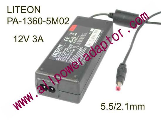 LITE-ON PA-1360-5M02 AC Adapter 5V-12V 12V 3A, 5.5/2.1mm, 2-Prong