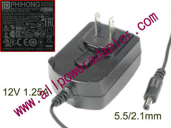 PHIHONG PSA15R-120P AC Adapter 5V-12V 12V 1.25A, 5.5/2.1mm, US 2P