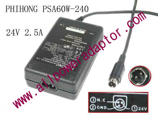 PHIHONG PSA60W-240 AC Adapter 24V 2.5A, 3P P1=V P2=GND, 2-Prong - Click Image to Close