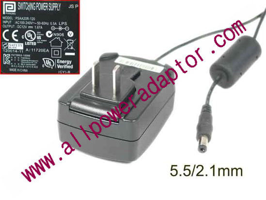 PHIHONG PSAA20R-120 AC Adapter 5V-12V 12V 1.67A, 5.5/2.1mm, US 2P