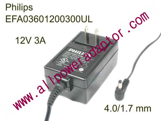 Philips AC Adapter 5V-12V 12V 3A, Barrel 4.0/1.7 mm, US 2-Pin Plug