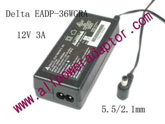 Delta Electronics EADP-36WGRA AC Adapter 5V-12V 12V 3A, Barrel 5.5/2.1mm, 2-Prong, EADP-36WGRA