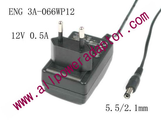 ENG 3A-066WP12 AC Adapter 5V-12V 12V 0.5A, Barrel 5.5/2.1mm, EU 2-Pin Plug, 3A-066W