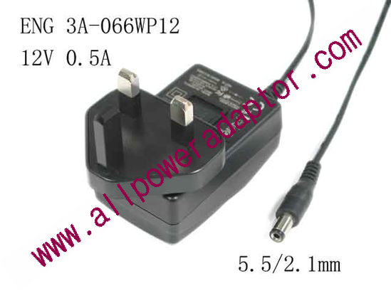 ENG 3A-066WP12 AC Adapter 5V-12V 12V 0.5A, Barrel 5.5/2.1mm, UK 3-Pin Plug, 3A-066W