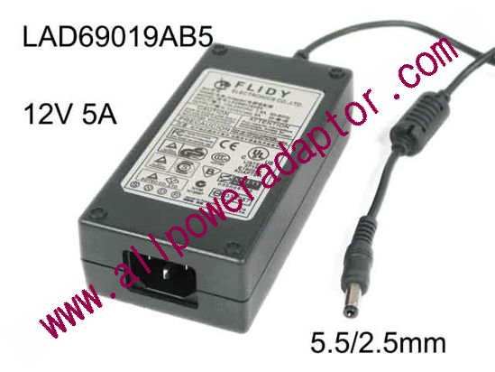 FLIDY AC Adapter 5V-12V 12V 5A, Barrel 5.5/2.5mm, IEC C14, LAD69019AB5