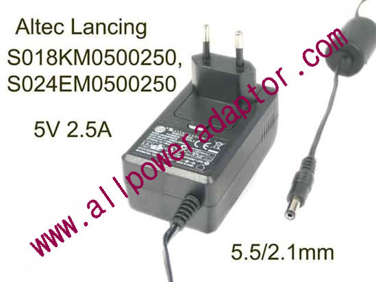 Altec Lancing S018KM0500250 AC Adapter 5V-12V 5V 2.5A, 5.5/2.1mm, EU 2P Plug, New