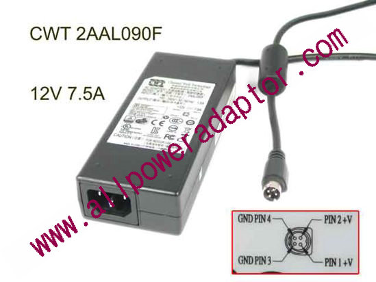 CWT / Channel Well Technology 2AAL090F AC Adapter 5V-12V 12V 7.5A, 4P P14=V , C14, New
