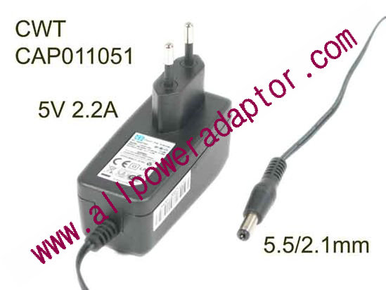 CWT / Channel Well Technology CAP011051 AC Adapter 5V-12V 5V 2.2A, 5.5/2.1mm, EU 2P Plug, New