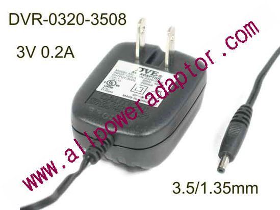 DVE DVR-0320-3508 AC Adapter 5V-12V 3V 0.2A, 3.5/1.35mm, US 2P Plug, New