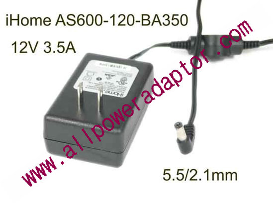 iHome AS600-120-BA350 AC Adapter 5V-12V 12V 3.5A, 5.5/2.1mm, US 2P Plug - Click Image to Close