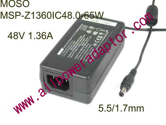 MOSO MSP-Z1360IC48.0-65W AC Adapter 48V 1.36A, Barrel 5.5/1.7mm, IEC C14, New