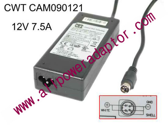 CWT / Channel Well Technology CAM090121 AC Adapter 5V-12V 12V 7.5A, 4-Pin Din, 3-Prong