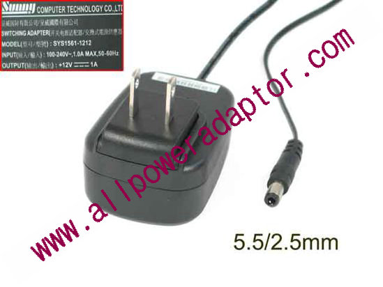 Sunny SYS1561-1212 AC Adapter 5V-12V 12V 1A, 5.5/2.5mm, US 2P Plug, New