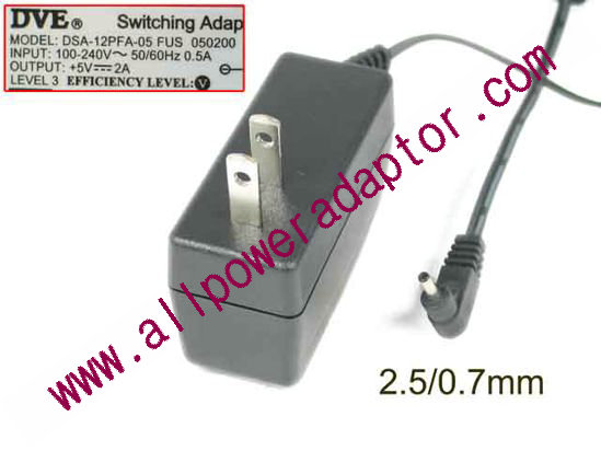 DVE DSA-12PFA-05 AC Adapter 5V-12V 5V 2A, Barrel 2.5/0.7mm, US 2-Pin Plug