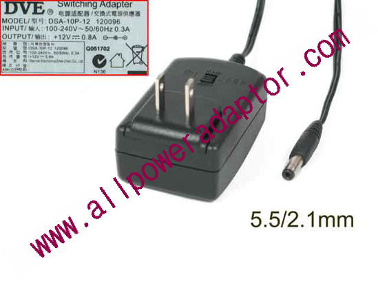 DVE DSA-10P-12 AC Adapter 5V-12V 12V 0.8A, Barrel 5.5/2.1mm, US 2-Pin Plug