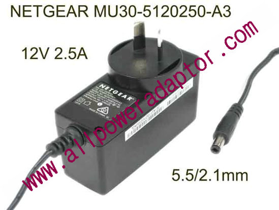 NETGEAR MU30-5120250-A3 AC Adapter 5V-12V 12V 2.5A, barrel 5.5/2.1mm, AU 2-Pin Plug