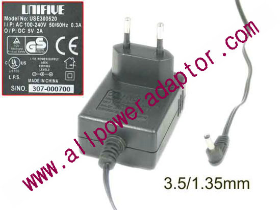 UNIFIVE AC Adapter 5V-12V 5V 2A, Barrel 3.5/1.35mm, EU 2-Pin Plug