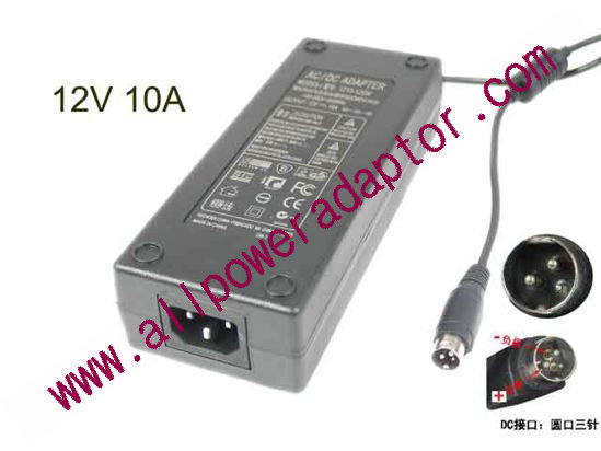 AOK OEM Power AC Adapter 5V-12V 12V 10A, 3-Pin Din, IEC C14, New