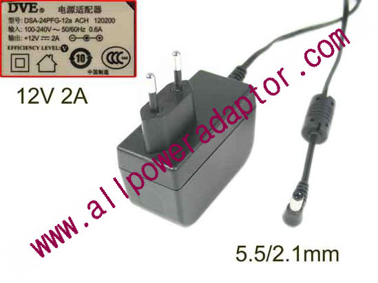 DVE DSA-24PFG-12 AC Adapter 5V-12V 12V 2A 5.5/2.1MM, EU 2-Pin Plug, New