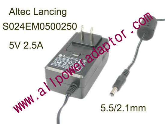 Altec Lancing S024EM0500250 AC Adapter 5V-12V 5V 2.5A, Barrel 5.5/2.1mm, US 2-Pin Plug,New