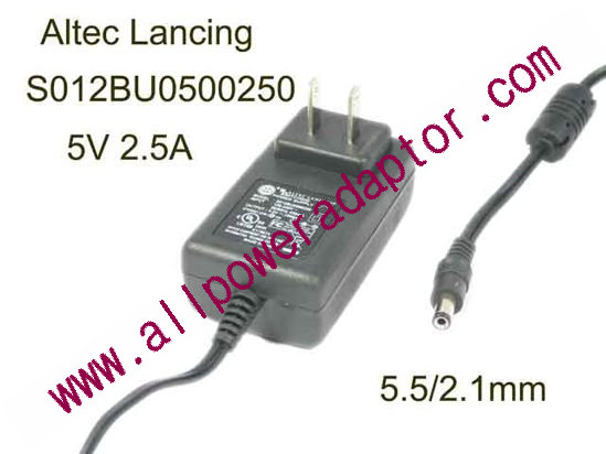 Altec Lancing S012BU0500250 AC Adapter 5V-12V 5V 2.5A, Barrel 5.5/2.1mm, US 2-Pin Plug