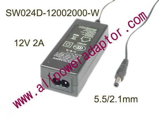 SW024D-12002000-W AC Adapter 5V-12V New, 12V 2A, Barrel 5.5/2.1mm, 2-Prong