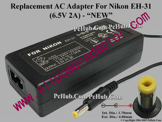 AOK For Nikon Camera- AC Adapter EH-31, 6.5V 2A, (1.7/4.8), (2-prong) - Click Image to Close