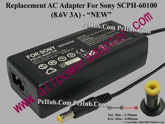 AOK For Sony Camera- AC Adapter SCPH-60100, 8.6V 3A, (1.7/4.8), (2-prong)