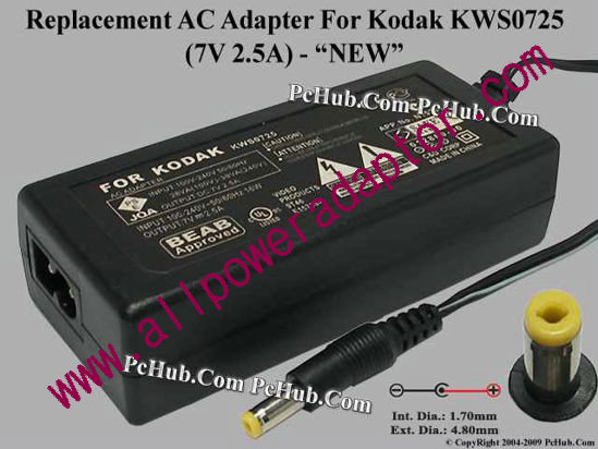 AOK For Kodak Camera- AC Adapter KWS0725, 7V 0.5A, (1.7/4.8), (2-prong)