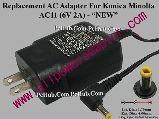 AOK For Konica Minolta Camera- AC Adapter AC11, 6V 2A, (1.7/4.0), 2-pin Plug - Click Image to Close