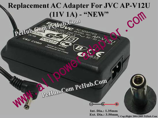 AOK For JVC Camera- AC Adapter AP-V12U, 11V 1A, (1.35/3.5mm), (2-Prong)