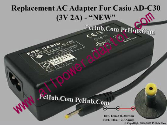 AOK For Casio Camera- AC Adapter AD-C30, 3V 2A, (0.3/2.35), (2-prong)