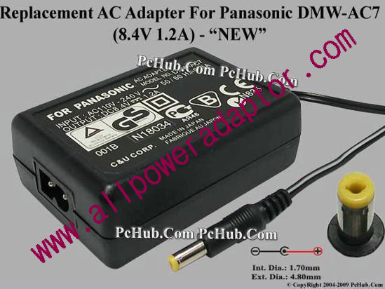 AOK For Panasonic Camera- AC Adapter DMW-AC7, 8.4V 1.2A, (1.7/4.8), (2-Prong) - Click Image to Close