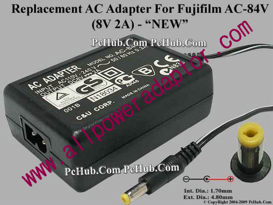 AOK For Fujifilm Camera- AC Adapter AC-84V, 8V 2A, (1.7/4.8mm), (2-Prong) - Click Image to Close