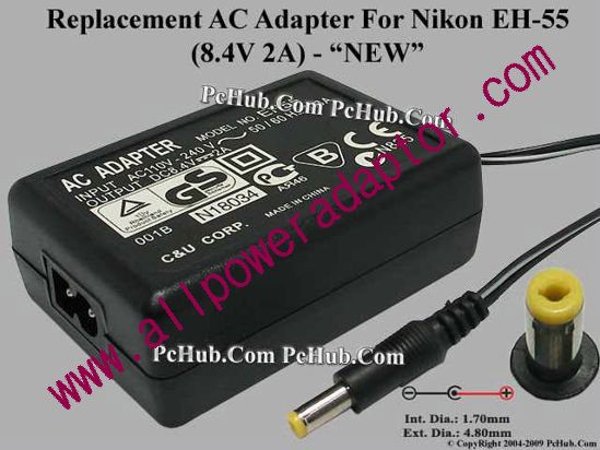 AOK For Nikon Camera- AC Adapter EH-55, 8.4V 2A, (1.7/4.8mm), (2-Prong)