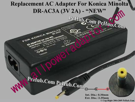 AOK For Konica Minolta Camera- AC Adapter DR-AC3A, 3V 2A, (0.3/2.35mm), 2-prong