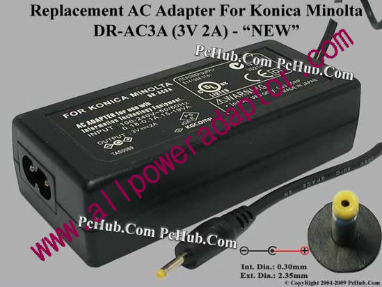 AOK For Konica Minolta Camera- AC Adapter DR-AC3A, 3V 2A, (0.3/2.35mm), 2-prong