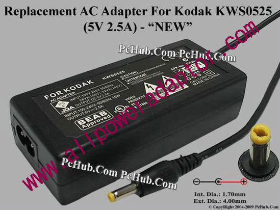 AOK For Kodak Camera- AC Adapter KWS0525, 5V 2.5A, (1.7/4.0), (2-prong) - Click Image to Close